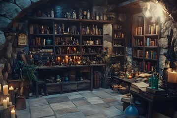 Fototapeta premium Enchanting apothecary filled with ancient books, colorful potions, and flickering candles, nestled in a rustic stone chamber, evoking a mystical atmosphere.