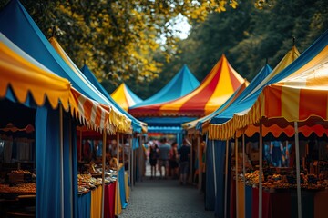 A summer festival with colorful tents, food stalls, and live music