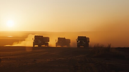 A convoy of three all-terrain vehicles traverse a dusty, expansive landscape under a glowing sunset, evoking themes of adventure and resilience.