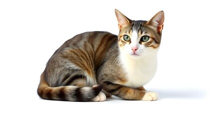 A gray and white tabby cat isolated on a white background
