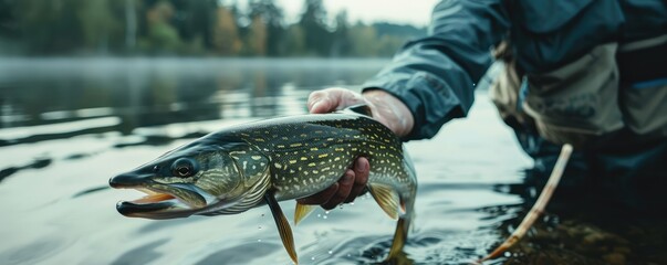 Obraz premium Angler Holding a Northern Pike Fish at Sunset in Water.