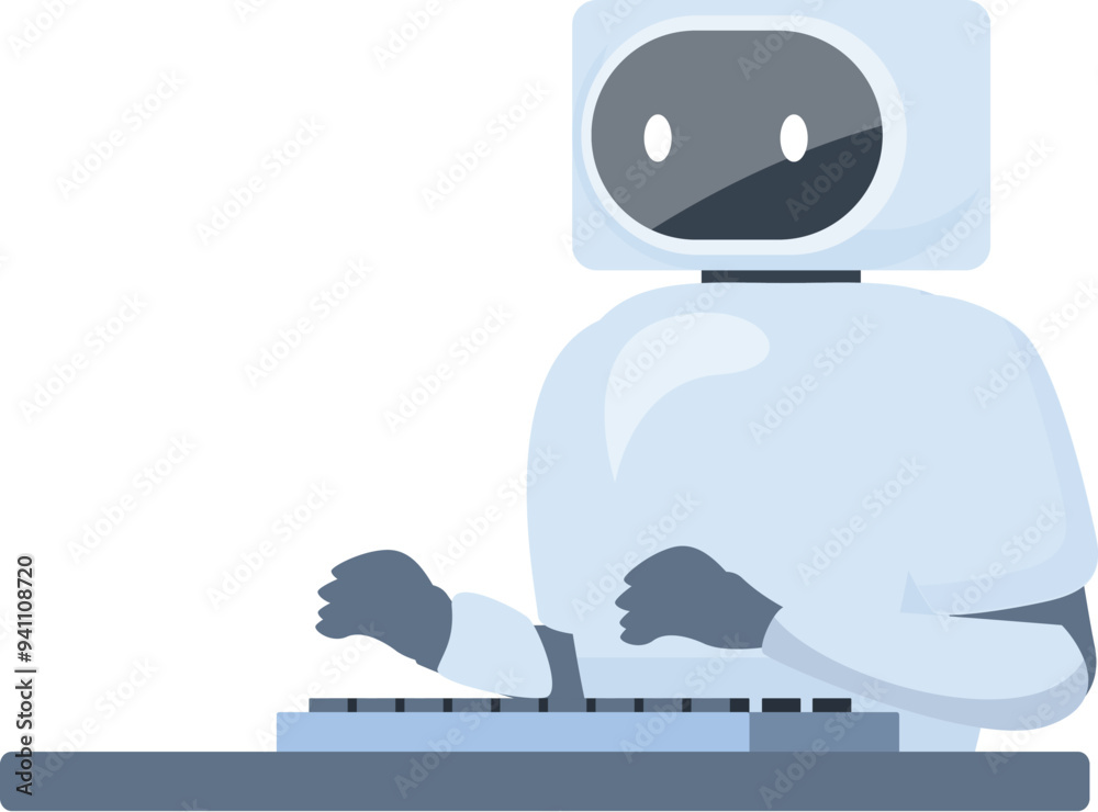 Poster white robot is using a keyboard while sitting at a desk