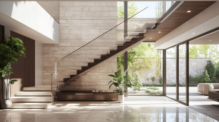 Fototapeta premium Modern Entrance Hall with Staircase in Villa Interior Design
