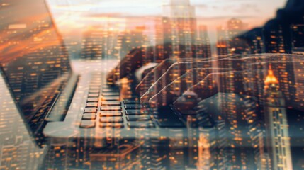 Illuminated hands typing on a laptop, overlaid with a double exposure of city lights, symbolizing connectivity and the digital age.