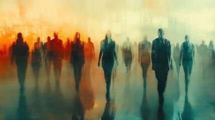 abstract composition of blurred human silhouettes in muted colors conveys sense of movement and anonymity in bustling crowd scene