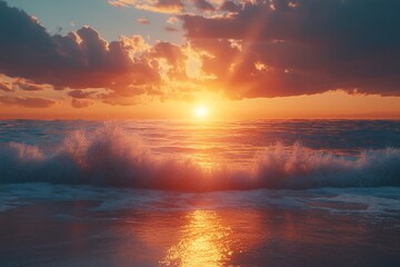 Fototapeta premium A vibrant sunset over the ocean, with the waves gently lapping the shore