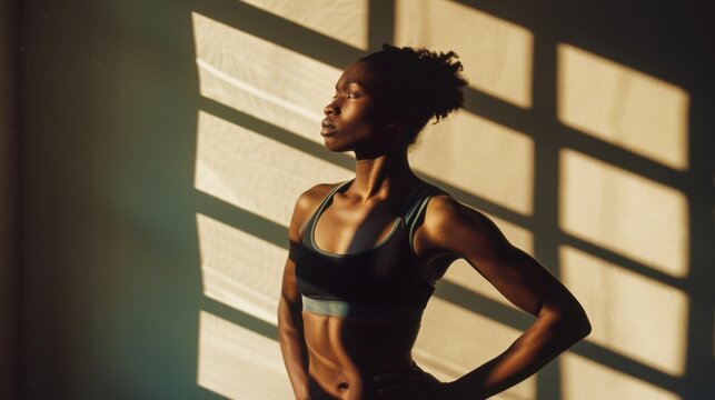 A woman in a sports bra poses confidently in sunlight streaming through blinds, emphasizing her defined muscles and focused determination.