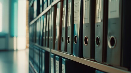 Rows of office binders neatly arranged on a shelf, bathed in soft natural light, symbolizing organization and meticulous record-keeping.