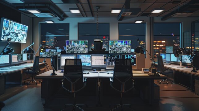 A sophisticated control room featuring multiple computer monitors and ergonomic seating, set against a backdrop of city lights at night.