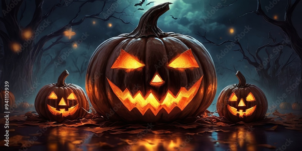 Poster three pumpkins with glowing eyes and a smiling face are placed on a table