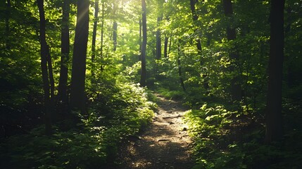Fototapeta premium Images of lush green forest trails with sunlight filtering through the trees, showcasing dense foliage and serene paths. Great for outdoor adventure content and environmental campaigns.