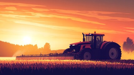 Obraz premium A red tractor is driving through a field of tall grass