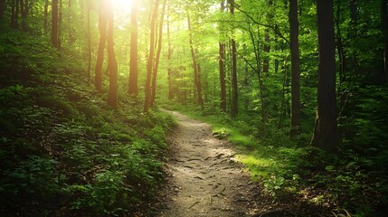 Fototapeta premium Images of lush green forest trails with sunlight filtering through the trees, showcasing dense foliage and serene paths. Great for outdoor adventure content and environmental campaigns.