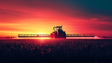 A tractor is spraying a field with a sprayer