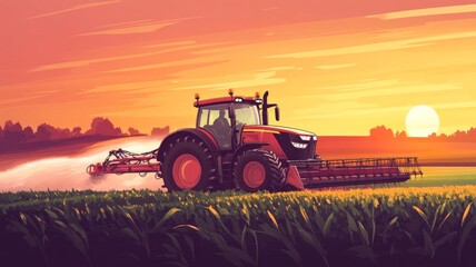 Fototapeta premium A red tractor is spraying a field with water