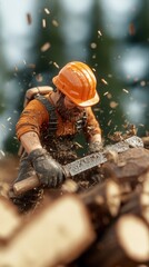 Close-up of a worker chopping wood with a heavy axe, surrounded by flying chips in a forest setting, showcasing hard labor.