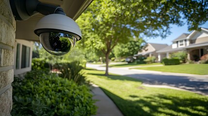 Security Camera on a Brick Wall with a View of a Suburb Street.
