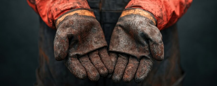 Close-up of dirty, worn gloves held open, showcasing the hard work and dedication of laborers in demanding environments.