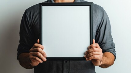 A man is holding a black frame with a white background