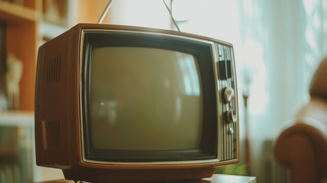 A vintage television with a curved screen sits on a table in a warmly lit room, evoking memories of simpler times.