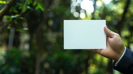 A person in formal attire holding a blank card horizontally with one hand, set against a lush green garden background.