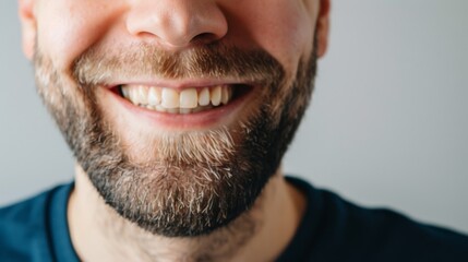 Obraz premium A close-up of a man's cheerful smile, emphasizing the full beard and perfect teeth, with focus on the lower half of his face.