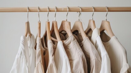 A minimalist wardrobe of beige and white t-shirts on wooden hangers, displayed on a wooden rack, showcasing a simple, cohesive style.