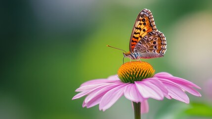 Obraz premium A colorful butterfly perched on a pink flower with a green background.