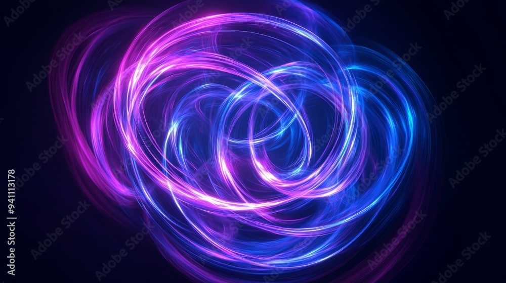 Wall mural twisting neon rings in vibrant shades of blue and purple against a dark space