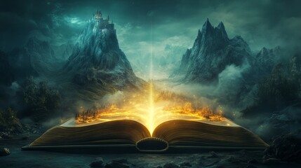 Fantasy landscape with an open book in the foreground and a castle on a rock illuminated by lightning