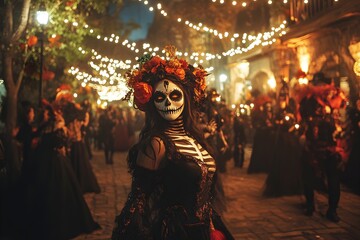 Obraz premium Day of the Dead celebration, vibrant altars adorned with marigolds and candles, people dressed in elaborate costumes, festive atmosphere blending joy with remembrance.