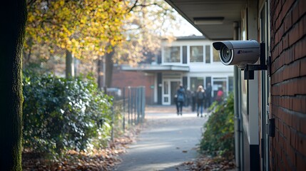 Security Camera Mounted on Brick Wall.