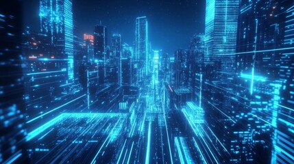 Abstract view of a futuristic city with glowing blue neon lights and networks of buildings