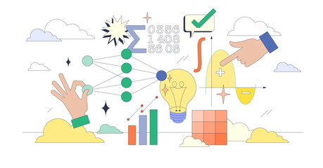 Mathematics for artificial intelligence science tiny neubrutalism concept, transparent background.Complex algebra equation problem solving with math solutions for AI illustration.
