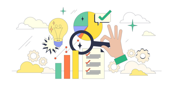 Market research and business data report tiny person neubrutalism concept, transparent background. Financial growth and development showed in increasing graphics.