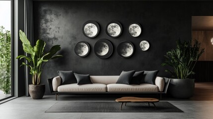 Modern astrology room featuring moon phase decorations and a comfortable seating area