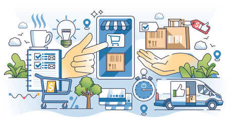 Online shopping and buying products from retail shop outline hands concept, transparent background. Digital e-commerce marketplace purchase with delivery and payment options.