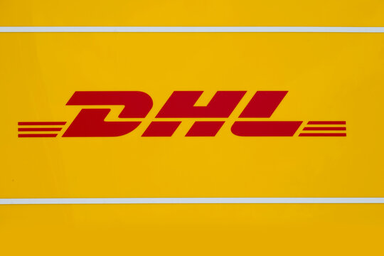 Yellow DHL logo, efficient communication, symbolizing global commerce, postal services in Germany, Frankfurt - May 28, 2024