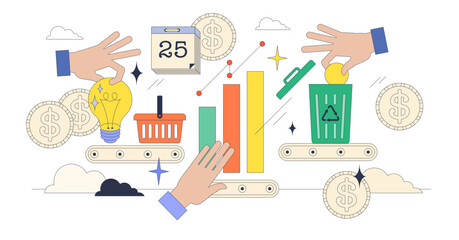 Product lifecycle from idea to disposal phases tiny neubrutalism concept, transparent background. Life cycle with introduction, growth, maturity and decline stages illustration.