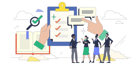 Qualitative research methods for sociology tiny person neubrutalism concept, transparent background. Analyze community using interview, focus groups and observation illustration.