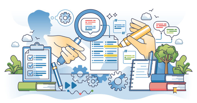 Qualitative content analysis and deep text data study outline hands concept, transparent background. Empirical information classification methodology using deep analytical approach illustration.