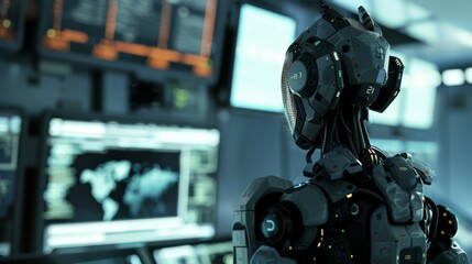 A sophisticated robot analyzing multiple screens in a futuristic control center, showcasing the integration of AI and intelligent systems.