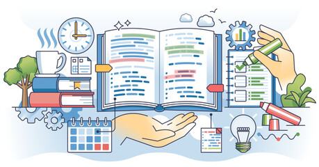 Study habits for effective and productive learning outline hands concept, transparent background.Best environment for focused education without distractions illustration.
