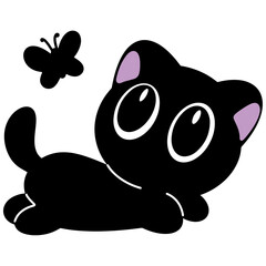 Adorable black cats playing with butterflies in a whimsical illustration for playful designs