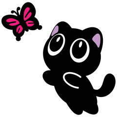 Adorable black cats playing with butterflies in a whimsical illustration for playful designs
