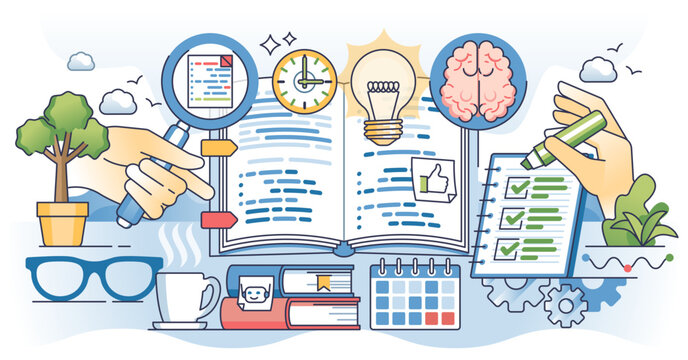 Study techniques for effective and productive learning outline hands concept, transparent background. Strategy for active studying in university or school illustration.