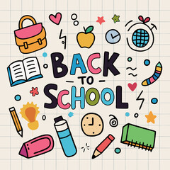  A fun and colorful back-to-school illustration featuring a variety of school supplies, including a backpack, books, pencils, and a clock.