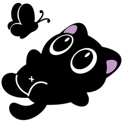 Adorable black cats playing with butterflies in a whimsical illustration for playful designs