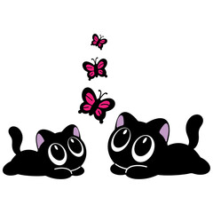 Adorable black cats playing with butterflies in a whimsical illustration for playful designs