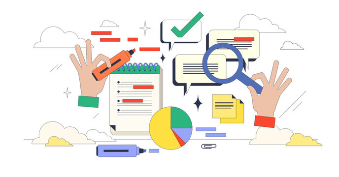 Thematic analysis for qualitative research tiny person neubrutalism concept, transparent background. Method and technique for data and text interpretation illustration.